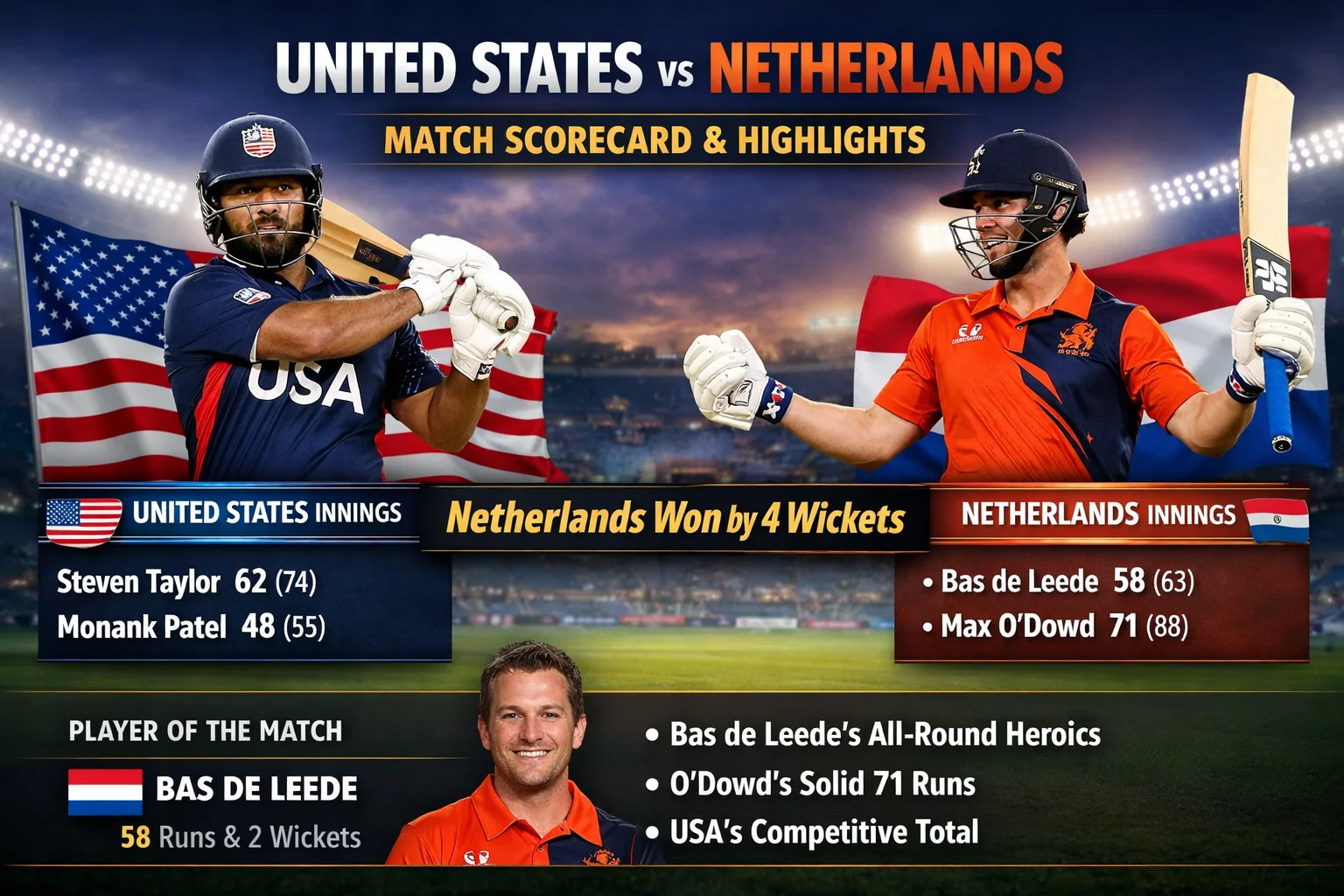 USA vs Netherlands Scorecard & Highlights
